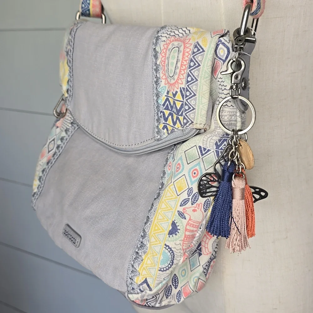 Sakroots Crossbody Bag Gray Multi Artist Circle Llama Foldover Boho - Picture 5 of 8